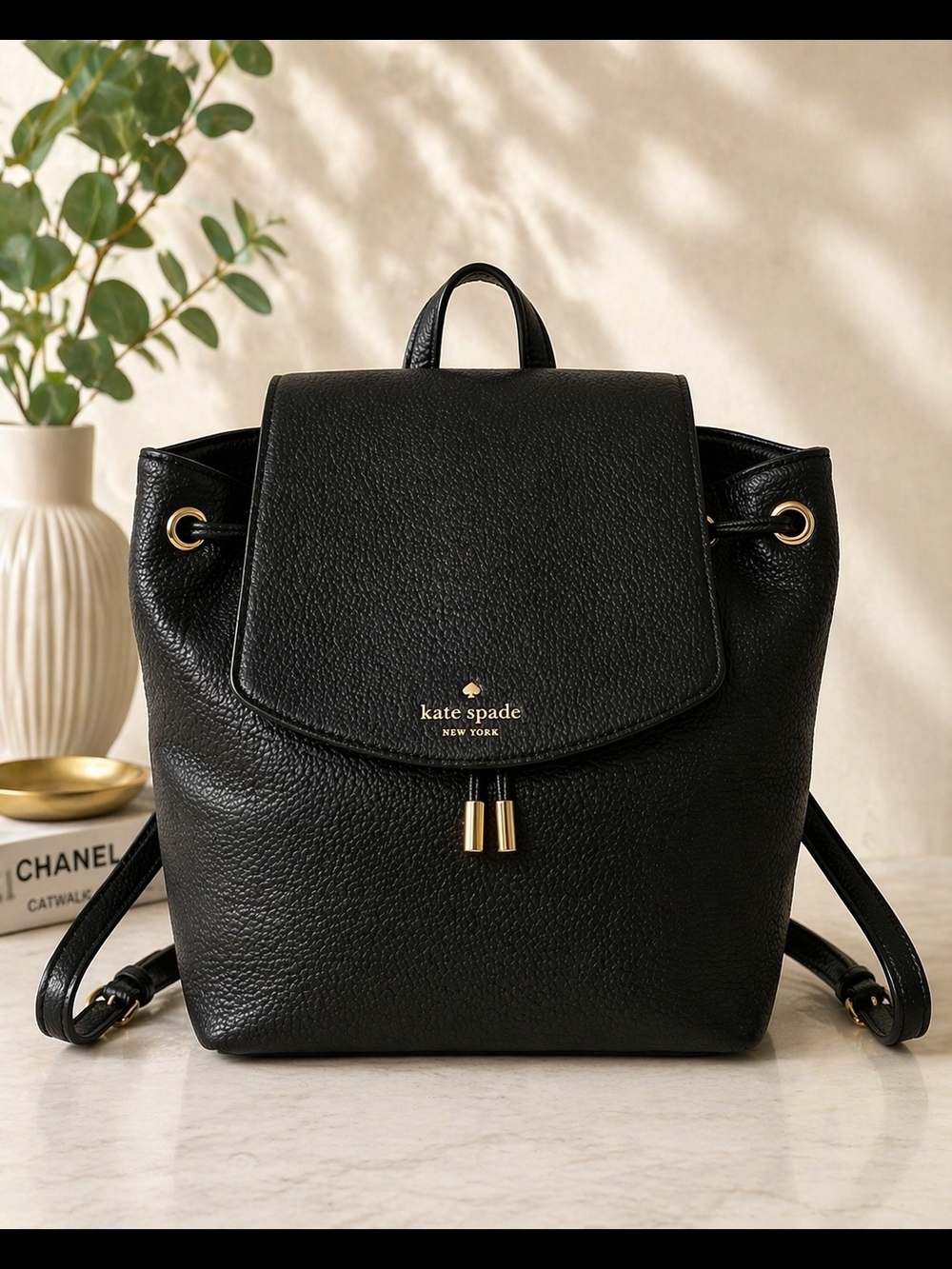 kate spade New York Black Pebbled Leather Mini Backpack Gold Hardware First Edit